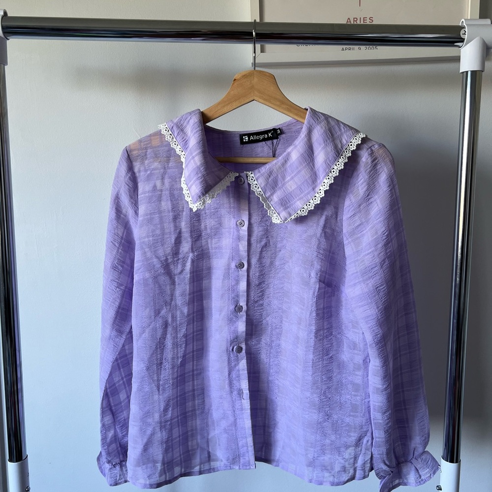 Allegra K Lavender Button-Up Blouse with Lace Collar